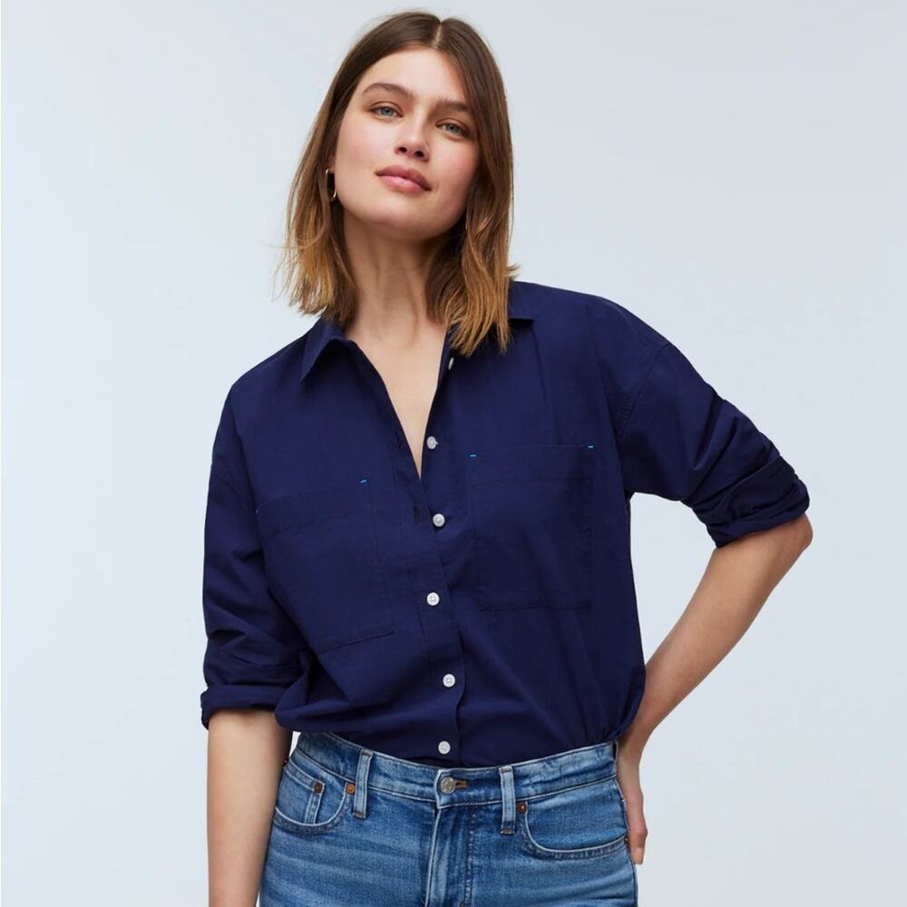 Madewell Navy Fresh Blueberry Oversized Straight Hem Shirt Signature Poplin XS